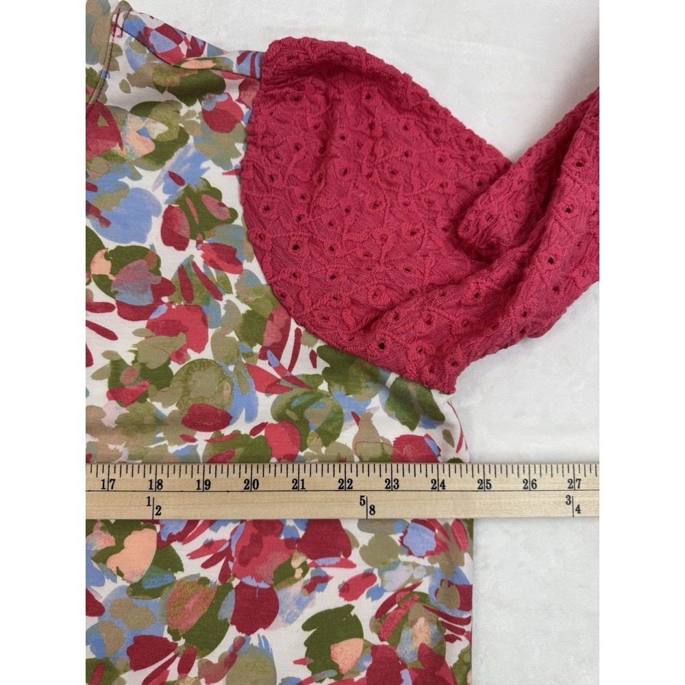 LOGO Lori Goldstein 3/4 Sleeve Top Eyelet Lace Sleeve Pink Rose Cloud Pockets 1x - Picture 6 of 13